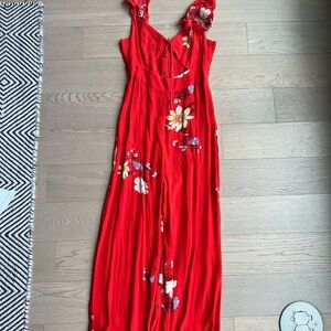 Revolve Floral Red Sleeveless Jumpsuit